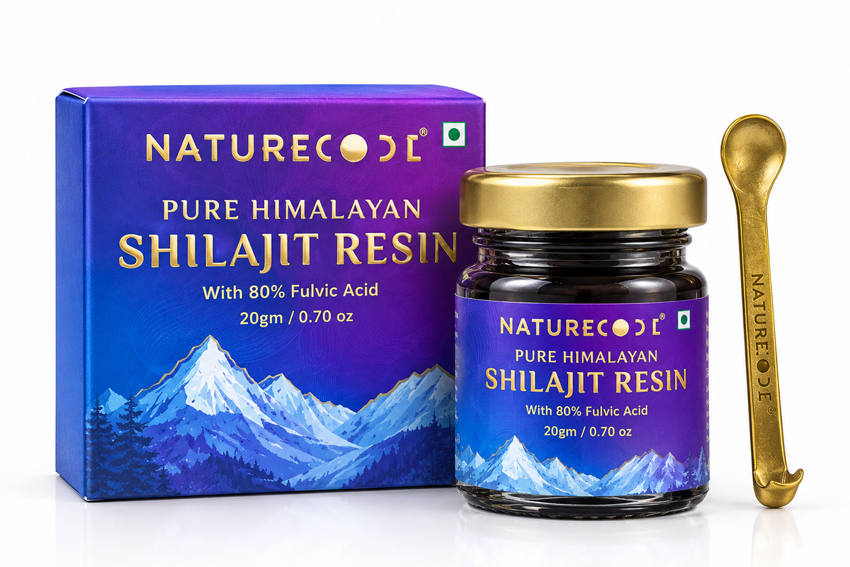 Nature Code Pure Himalayan Shilajit Resin 20gm with gold spoon and purple-blue box